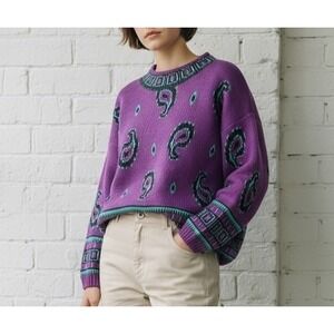 Honors Plus Paisley Sweater Womens XL Purple Vintage 80s 90s Retro Intarsia Knit